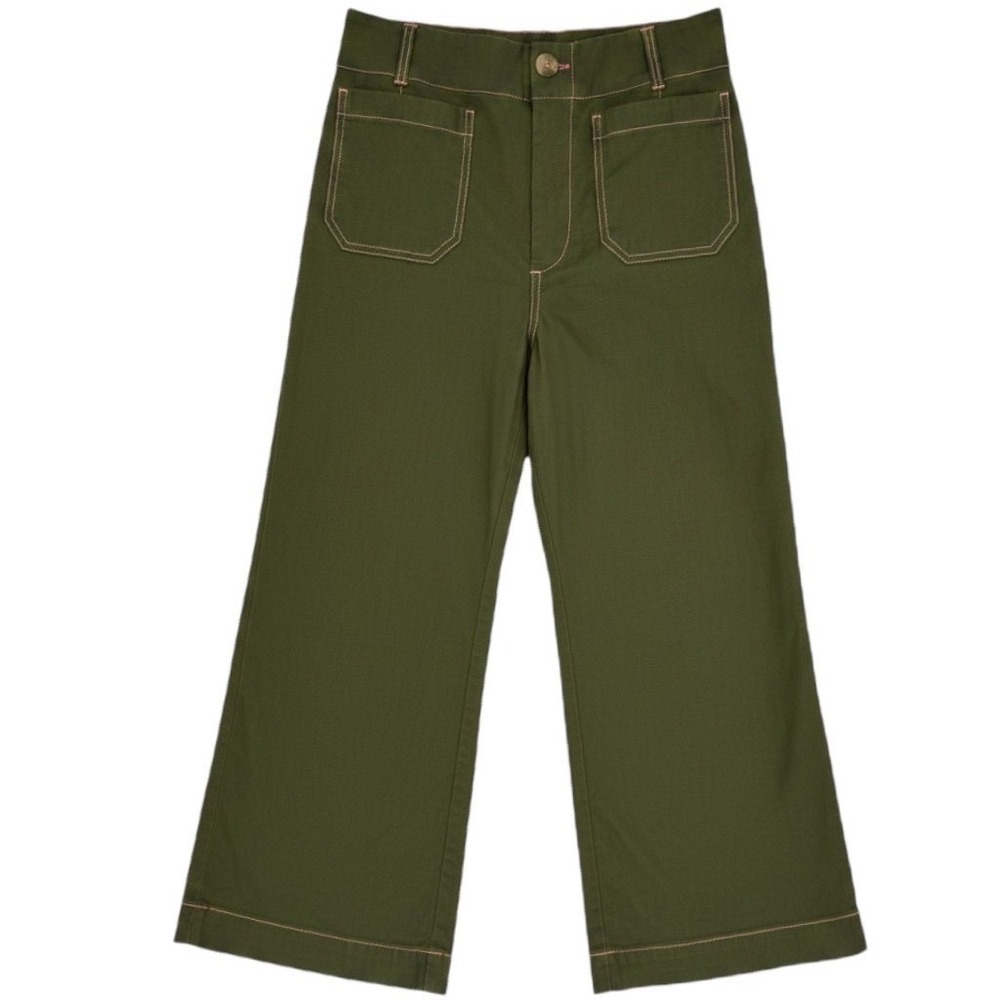 Maeve Anthropologie The Colette Olive Green Pink Stitch Wide Leg Crop Pants 28